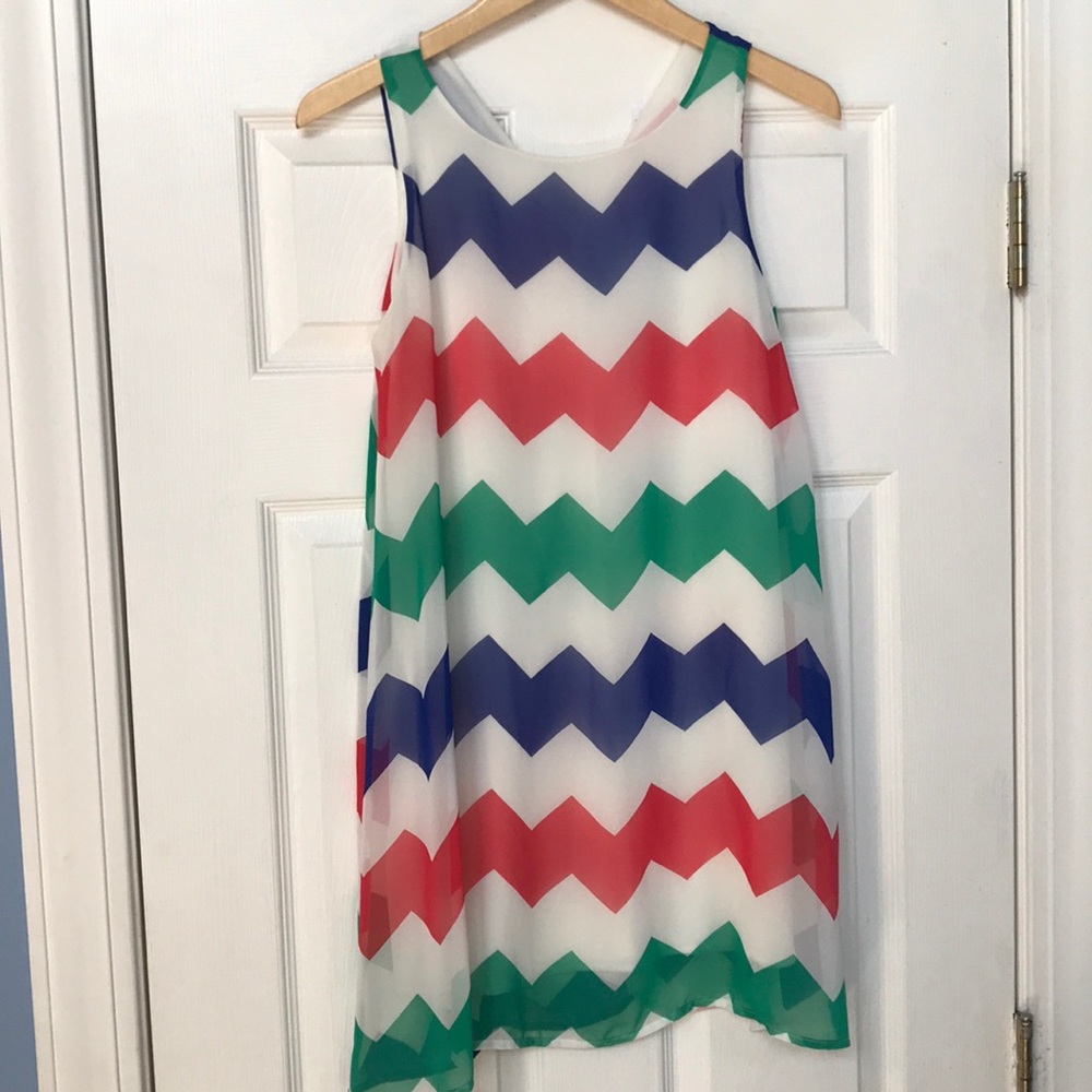 Chevron green, blue, and salmon dress